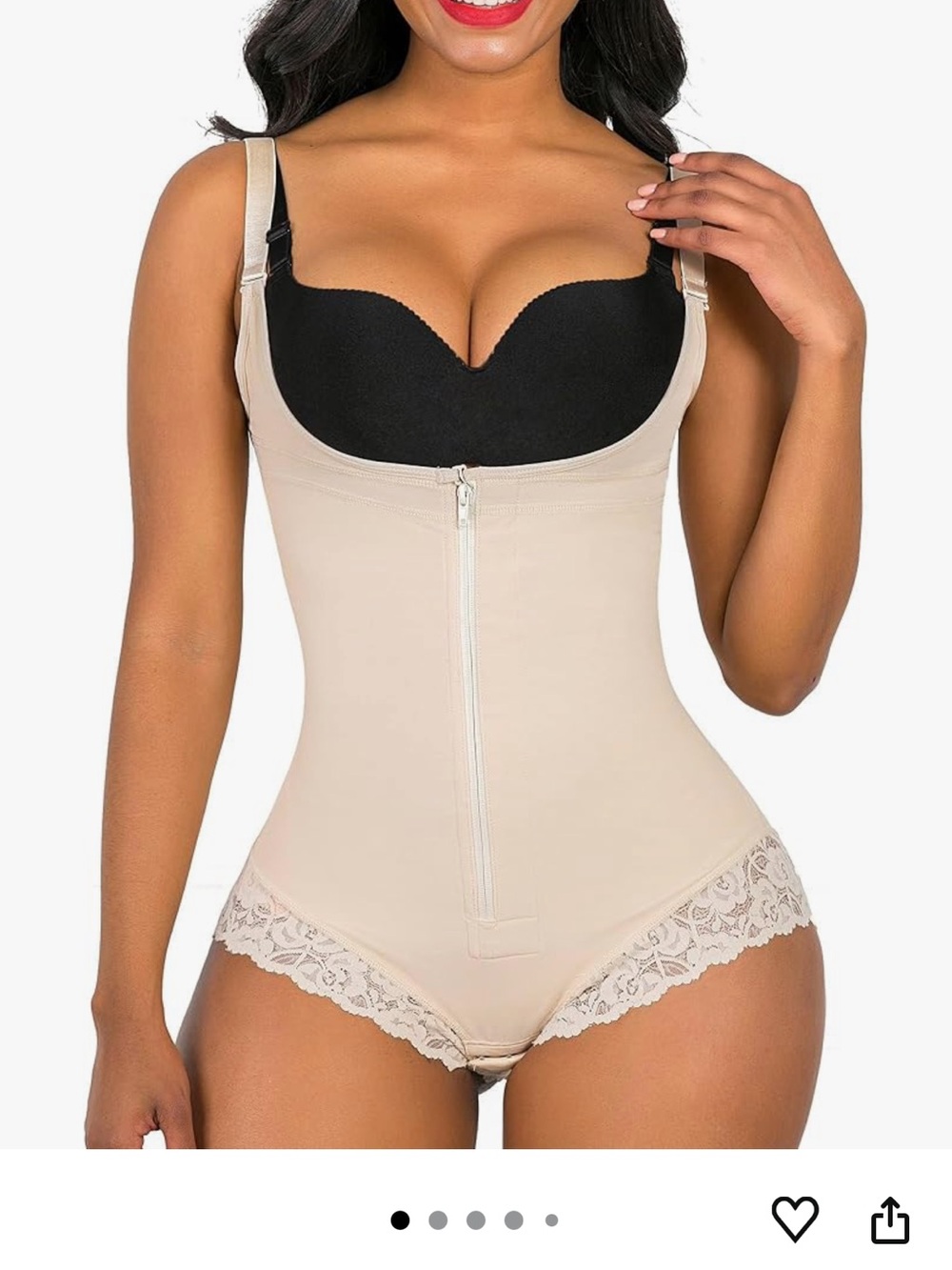 Beige Lace Trim Shapewear Bodysuit with Front Zipper